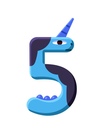 Funny number 5 with shape of unicorn or dragon. Birthday cake candle of figure five. Cute letter with form of monster of kids font for education. Flat isolated vector illustration on white backgroundのイラスト素材