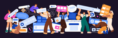 Designers create together. People redesign UI UX design with elements. Creative team updates digital interface of web and mobile app. Teamwork development concept. Flat isolated vector illustrationのイラスト素材