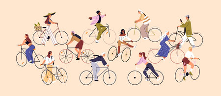 Crowd of bicyclists is cycling. Happy people ride a bike outdoors. Bicycle riders are at walking....