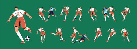 Set of football players. Athletes in sportswear pass, hit ball with foot. Sportsmen play soccer. People in uniform run at sports game training, kick and goal. Flat isolated vector illustrationsのイラスト素材