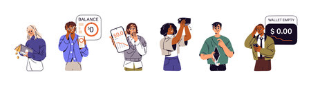 Set of poor people with empty wallets and bank accounts. Broke men and women without money in purse. Characters with poverty, financial problems. Flat isolated vector illustrations on white backgroundのイラスト素材