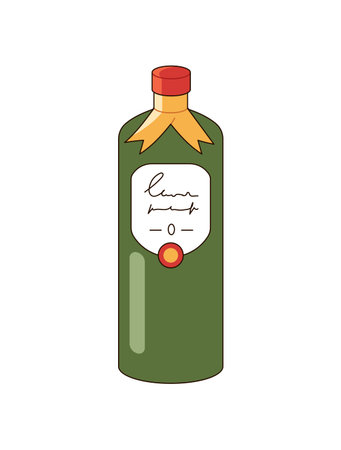 Green glass bottle of hard liquor, alcohol drink. Packaging of whiskey, brandy, rum or tequila. Closed container of booze beverage, spirits. Flat isolated vector illustration on white backgroundのイラスト素材