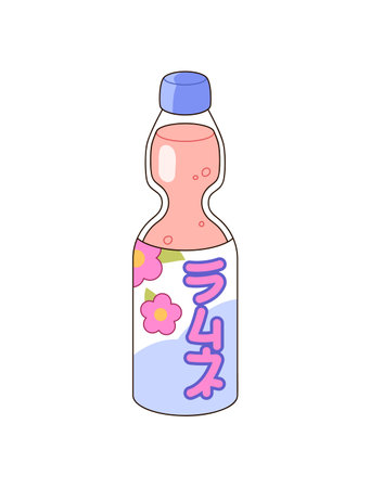 Glass bottle of Japanese carbonated soft drink. Container of cool Asian soda, ramune. Refreshing sparkling beverage with fruit flavour from Japan. Flat isolated vector illustration on white backgroundのイラスト素材