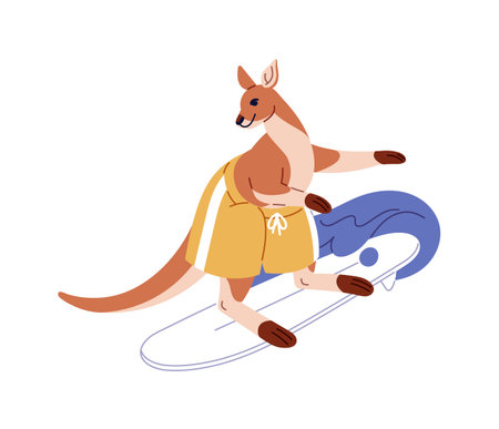 Cute kangaroo is surfung on sea in summer. Happy Australian marsupial animal catches waves with surfboard. Surfer stands on board in ocean. Flat isolated vector illustration on white backgroundのイラスト素材