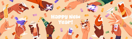 Happy New Year greeting banner with hands holding glasses of alcoholic drinks. Design of template with people celebrating holiday together, cheering with different cocktails. Flat vector illustrationのイラスト素材
