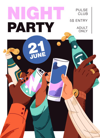 Design of night party event poster with hands holding glasses of cocktails and alcohol drinks. Advertising template of celebrating with people cheers, raising bottles. Flat vector illustrationのイラスト素材