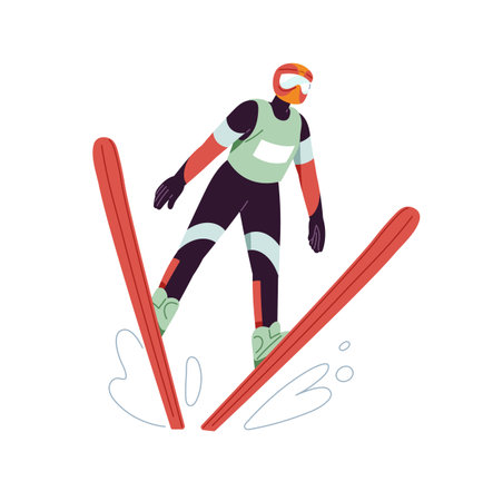 Athlete is ski jumping. Skier jumper in safety helmet leaps from snow slope. Sportsman rides and hops from downhill. Winter sport competition. Flat isolated vector illustration on white backgroundのイラスト素材