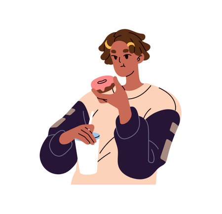 Happy black girl eats donut with soda. Young woman holds paper cup of drink and tasty doughnut. Person with fast food. Character tastes fastfood. Flat isolated vector illustration on white backgroundのイラスト素材