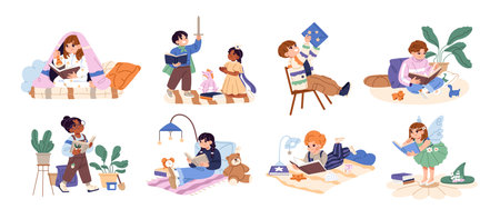 Happy children read books set. Cute kids enjoy fairytales, stories, tales and novels. Boys and girls with fiction and educational literature. Flat isolated vector illustrations on white backgroundのイラスト素材