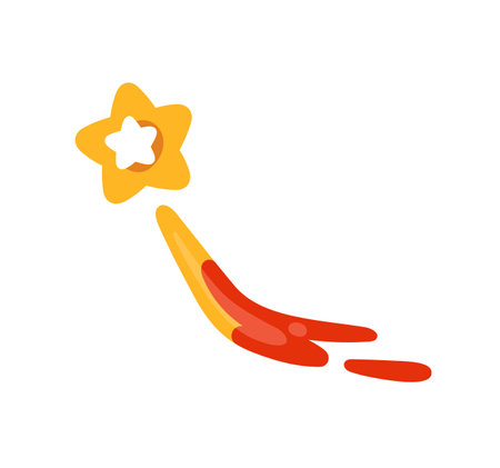 Icon of shooting star. Cute falling sparkle. Meteor with tail in space. Cosmic object, comet, spark in the cosmos. Symbol of wishes, dreams. Flat isolated vector illustration on white backgroundのイラスト素材