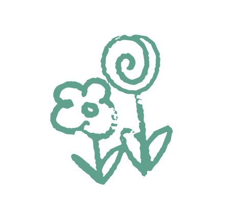 Child chalk art of cute green flowers. Funny kids doodles of wildflowers. Crayon scribbles of peony, blooming plants and leaves. Hand drawn outline isolated vector illustration on white backgroundのイラスト素材