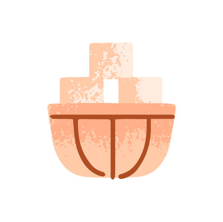 Porcelain sugar bowl with heap of cubes. Icon of dish with candy for tea and coffee. Ceramic pot, container for cooking drinks and food. Flat isolated vector illustration on white backgroundのイラスト素材