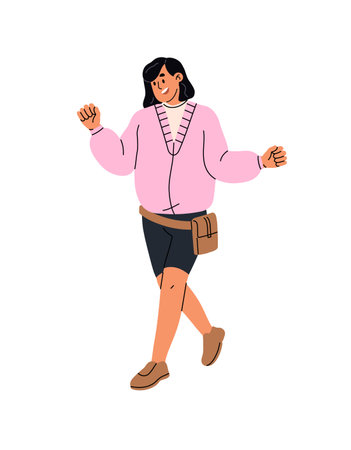 Happy woman walks with waist or belt bag in park. Smiling girl with fanny pouch strolls and gestures with hands. Person goes outdoors in summer. Flat isolated vector illustration on white backgroundのイラスト素材