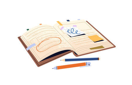 Open notebook with memo stickers, bookmarks, writings for learning. Paper note book with pen, pencil. Notepad to study, do homework exercises. Flat isolated vector illustration on white backgroundのイラスト素材