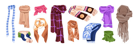 Different scarves set. Fashion tied foulards with various patterns. Warm garments for winter and autumn. Woolen and cotton accessories, clothes. Flat isolated vector illustrations on white backgroundのイラスト素材
