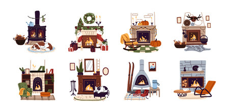 Fireplaces set. Decorated for Christmas and autumn living room with fireside. Cozy interior with burning fire. Home flame with decorations. Flat isolated vector illustrations on white backgroundのイラスト素材