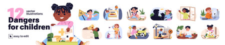 Different dangers for children set. Dangerous situations, accidents and child safety. Kids play with risks, threats at home and outdoors. Flat isolated vector illustrations on white backgroundのイラスト素材