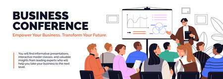 Web banner design of business training or conference. People listening to coach, trainer at seminar. Advertising template of lecture from speaker, career mentor for employees. Flat vector illustrationのイラスト素材