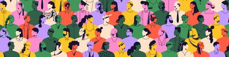 Abstract colourful crowd banner. Many profiles of diverse people. Silhouettes of men and women of different nationalities. Multiethnic group, international society background. Flat vector illustrationのイラスト素材