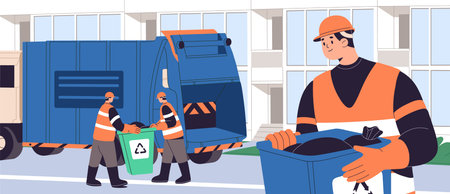 Municipal workers load waste bags, dustbins into garbage truck. Collectors carry trash bins, collect containers of junk, rubbish from street into car. City cleaning service. Flat vector illustrationのイラスト素材