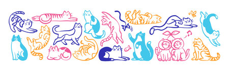 Doodle set of cute cats in different comic poses. Funny kitties play, sit, sleep, stretch and meow. Naughty animals have fun. Colourful kittens. Flat isolated outline vector illustrations on whiteのイラスト素材