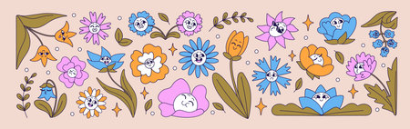 Set of groovy flowers with faces. Funky wildflowers in retro style. Funny blooming plants with different emotions, expressions: happy and sad, smiling and angry. Flat isolated vector illustrationsのイラスト素材