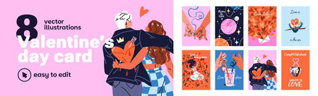 Designs of Valentine Day greeting cards set. Cute templates of postcards for February 14. Festive layouts with hearts, couples falling in love and romantic feelings. Flat vector illustrationsのイラスト素材
