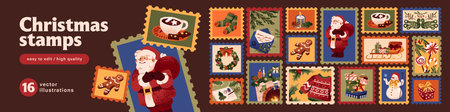 Designs of Christmas stamps set. Templates of postal stickers with Xmas items and elements. Postmarks with Santa Claus, winter holiday ornaments and New Year wreath. Flat vector illustrationsのイラスト素材