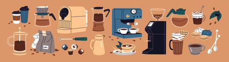Coffeeshop items set. Kitchen appliances and tools for making coffe. Coffeehouse drinks and desserts. Coffee machine, cofee beans grinder, paper cups and mugs. Flat isolated vector illustrationsのイラスト素材