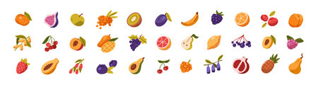 Different fruit and berries set. Fresh tropical food: halves of avocado, peach, orange. Various organic crops of garden. Exotic eating. Flat isolated vector illustrations on white backgroundのイラスト素材