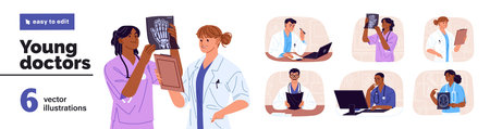 Set of young doctors. Medics look at X ray and MRI. Physicians in uniform work in clinic, hospital. Docs discuss, communicate. Medicine workers. Flat isolated vector illustration on white backgroundのイラスト素材