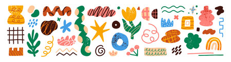 Abstract figures set. Different scribbles, geometric shapes and lines. Various doodles, forms and curves. Funny design elements. Flat isolated hand drawn vector illustrations on white backgroundのイラスト素材