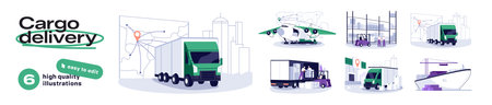Cargo delivery concept. Set of transport to deliver freight. Shipment with forklifts, trucks, ships and aircraft. International logistics service. Flat isolated vector illustrations on whiteのイラスト素材