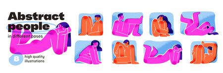 Abstract naked people in different poses set. Silhouettes of nude bodies in sitting and lying postures. Characters are in various positions. Flat isolated vector illustrations on white backgroundのイラスト素材