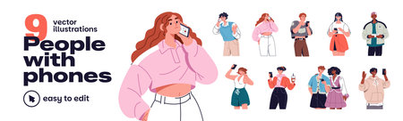 People with phones and different emotions set. Happy men and women talk, call by smartphone. Shocked person scrolls social networks with telephone. Flat isolated vector illustrations on whiteのイラスト素材