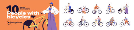 People with bicycles set. Happy girls and boys are riding. Young men and women walk rolling bike. Characters travel and do sports cycling. Flat isolated vector illustrations on white backgroundのイラスト素材