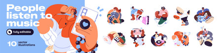 Set of people listening to music. Happy men and women with headphones, audio players and boombox enjoy songs. Characters with headsets dance. Flat isolated vector illustrations on white backgroundのイラスト素材