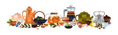 Composition of different types of Chinese tea. Banner with various herbal drinks in teapots, cups and infusers. Mug of matcha, gaiwan, kettles and teacups. Flat isolated vector illustration on whiteのイラスト素材