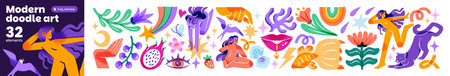 Modern doodle art set. Abstract shapes, silhouettes of girls and animals, cute flowers and leaves. Different creative colourful elements. Flat isolated vector illustrations on white backgroundのイラスト素材