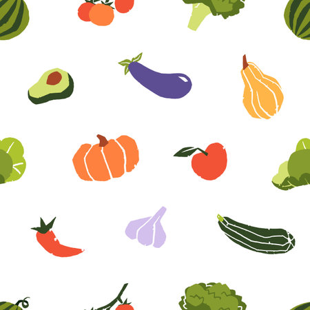 Repeatable pattern of different abstract fruit and vegetables. Endless background of various doodle agricultural crops and natural veggies. Hand drawn farm food. Flat seamless vector illustrationのイラスト素材
