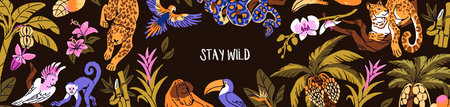 Design of banner with circle border from wild nature of the jungle. Template of round frame from palm trees, exotic animals, parrots, tropical flowers of the rainforest. Flat vector illustrationのイラスト素材