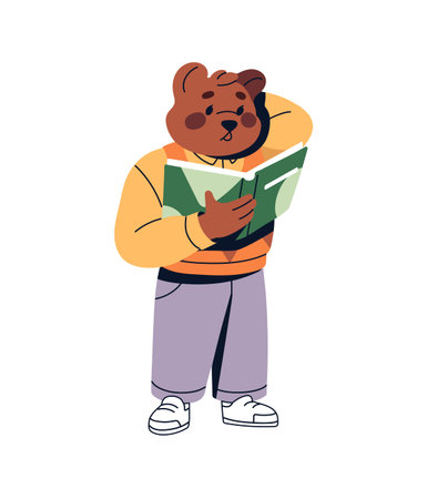 Puzzled kid bear reads book. Thoughtful anthropomorphic animal stands, holds textbook and studies. Cute student is learning school literature. Flat isolated vector illustration on white backgroundのイラスト素材
