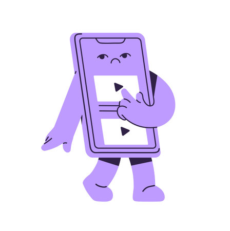 Bored smartphone character watching video online. Phone mascot clicks on media player in the Internet. Cute telephone scrolls social networks. Flat isolated vector illustration on white backgroundのイラスト素材