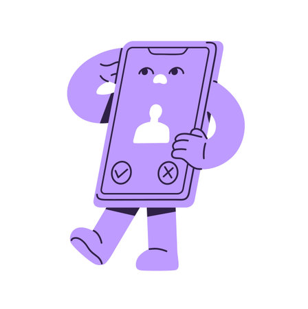 Worried smartphone mascot communicates by cellular. Confused telephone talks on the phone. Cellphone character with incoming call from unknown on screen. Flat isolated vector illustration on whiteのイラスト素材