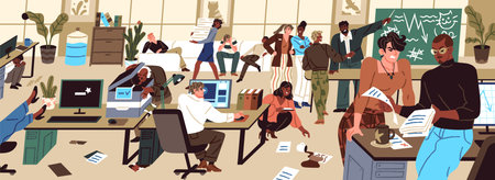 Chaos in office. Problems with management, organization at work concept. Unorganized workers, lazy...
