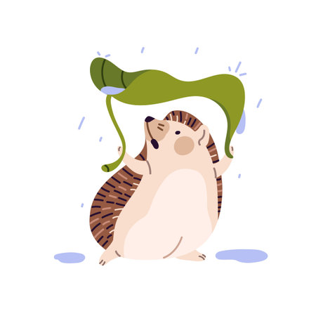 Shocked baby hedgehog hides from rainy weather, drops under leaf in fall. Cute prickly animal with funny umbrella, foliage from autumn rain. Flat isolated vector illustration on white backgroundのイラスト素材