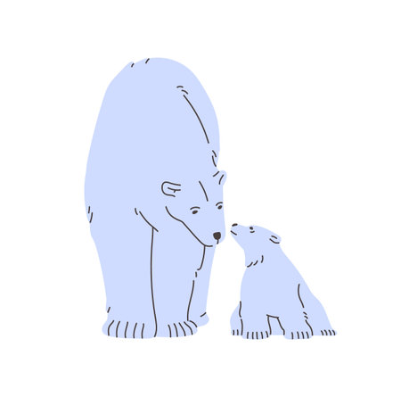 Cute polar bears, mother and baby walk together. Arctic white animal with amusing cub steps on North Pole. Adorable furry family strolls in Antarctica, tundra. Flat isolated vector illustrationのイラスト素材