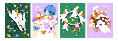 Designs of Easter card set. Templates of greeting postcards with cute paschal bunnies, eggs. Funny rabbits, happy hares have fun, round dance on meadow, celebrate holiday. Flat vector illustrationsのイラスト素材