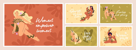 Set of greeting postcard designs with sensual naked women. Cards with wrapped with flowers, leaves nude girls. Self care, love and acceptance, natural beauty concept. Flat vector illustrationsのイラスト素材