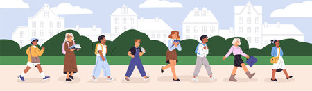 Happy students back to school banner. Cute kids with backpacks, books go to study one by one. Diverse children, pupils, boys, girls walk together at Knowledge day panorama. Flat vector illustrationのイラスト素材